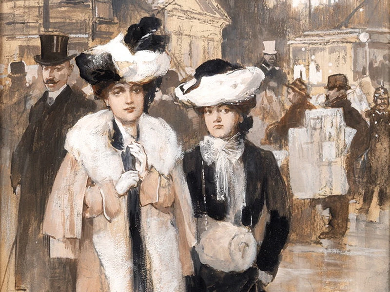1869-Max Karl Tilke - Una vivace scena di strada berlinese di epoca imperiale con due eleganti dame